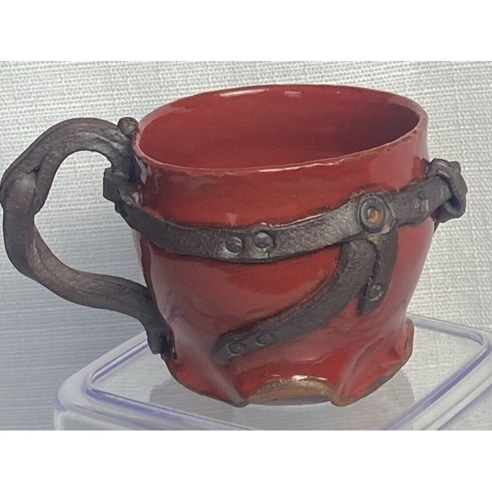 Rare Rhea 2015 Red Mug Cup Pottery With Iron Metal Wrapped Country Western Rodeo